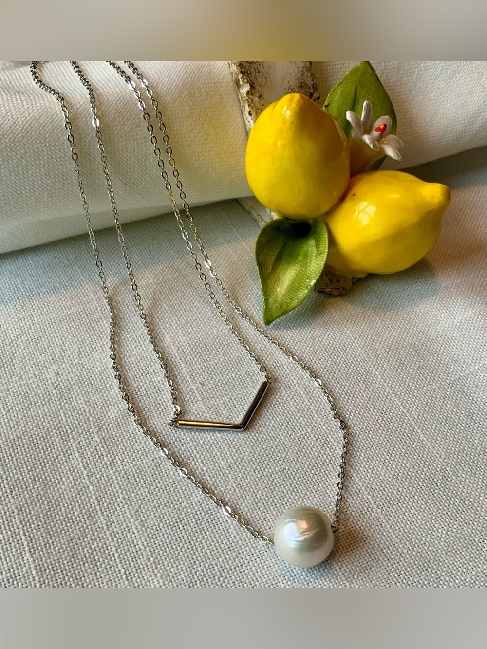 Modern Floating Pearl & Chevron V-Bar Necklace Sterling Silver JTV